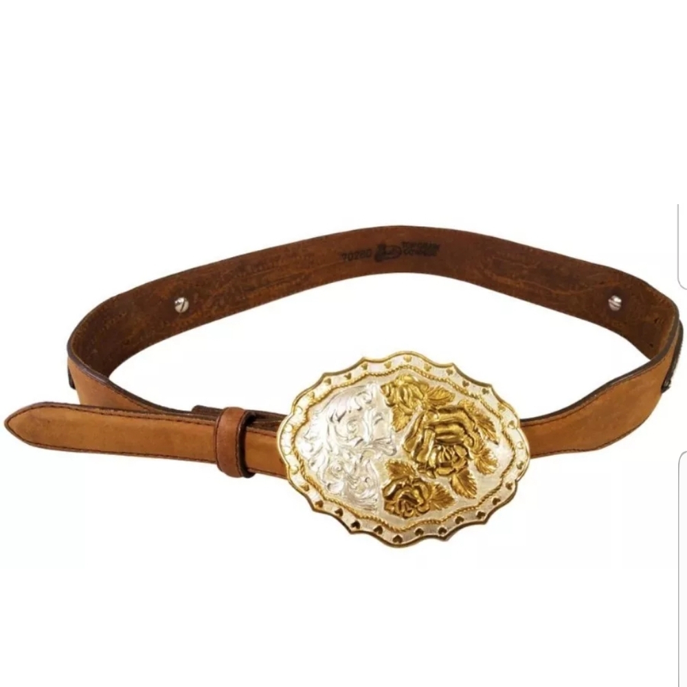 Brown Leather Belt with Gold and Silver Buckle